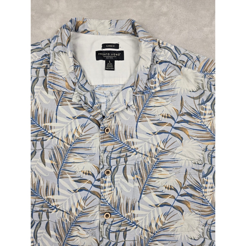 Pronto Uomo Hawaiian‎ Shirt Mens Large Blue Silk Blend Palm Leaf Classic Fit